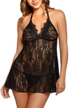 ICOLLECTION LACE CHEMISE & G-STRING THONG SET,7623X