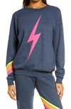 Aviator Nation Bolt Chevron Stripe Sweatshirt In Heather Navy/ Neon