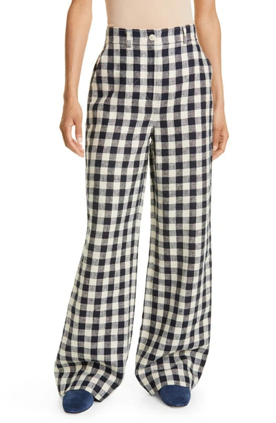 Tory Burch Gingham Wide-leg Linen Trousers In Blue