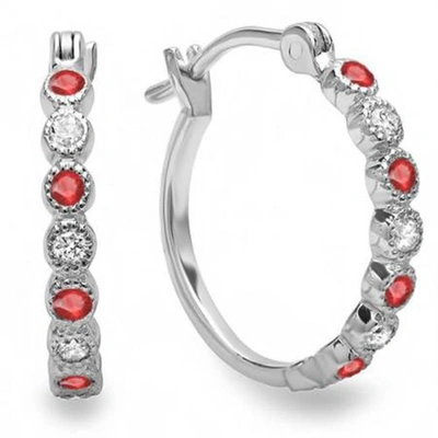 Dazzling Rock Dazzlingrock Collection 14k Round Ruby & White Diamond Ladies Fine Dainty Hoop Earrings In Gold Tone,red,silver Tone,white
