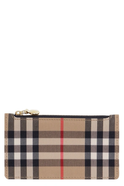 Burberry Leather And Check Fabric Card Holder In Beige