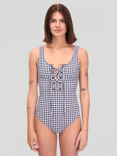 Ganni Gingham Lace-up One-piece Swimsuit In Black