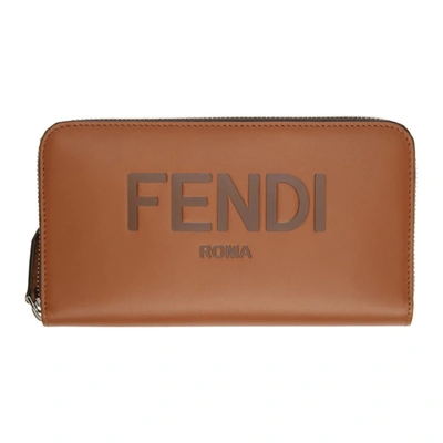 Fendi Logo-debossed Zip-around Leather Wallet In Brown