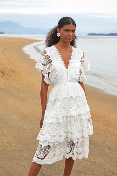 Farm Rio Off-white Richelieu Tiered Midi Lace Dress In Ivory