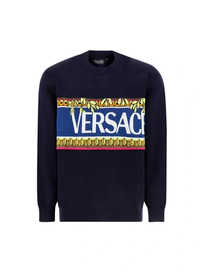 Versace Navy Knit Logo Graphic Sweater In Blue
