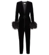 SAINT LAURENT FEATHER-TRIMMED VELVET JUMPSUIT,P00555408