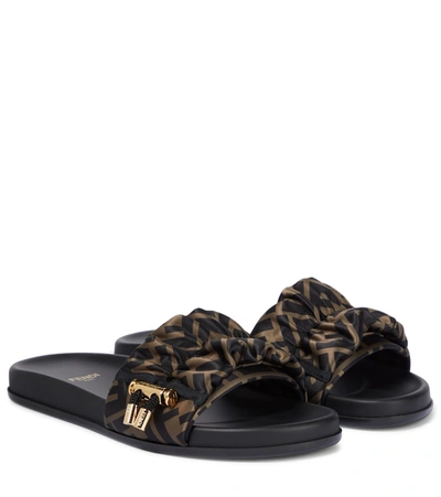 Fendi Black Brown Ff Vertigo Satin Slides In Brown Black