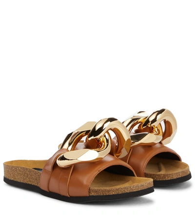 Jw Anderson Chain-embellished Leather Slides In Brown