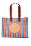 TORY BURCH TORY BURCH ELLA LOGO PATCHED CHECKED TOTE BAG