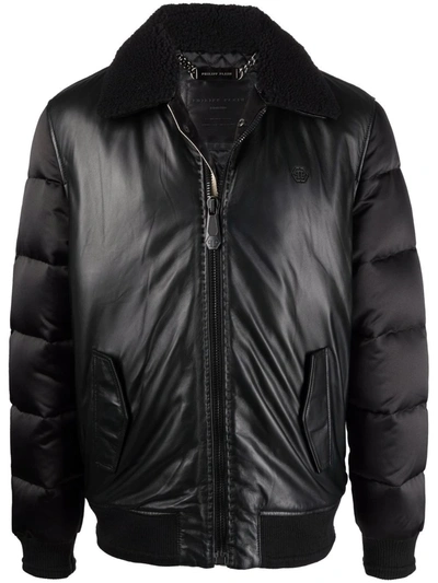 Philipp Plein Padded-leather Bomber Jacket In Schwarz