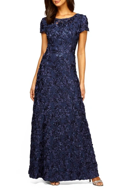 Alex Evenings Rosette Lace Short Sleeve A-line Gown In Navy