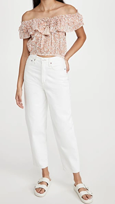 Loveshackfancy Dorin Cropped Ruffled Floral-print Cotton-voile Top In Ivory