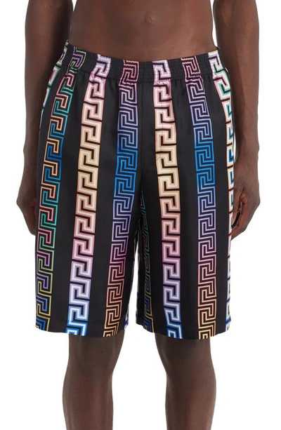 Versace Black Silk Greca Neon Shorts In Multicolor