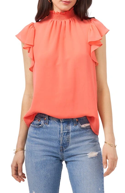 1.state Flutter Sleeve Smocked Neck Blouse In Cameo Coral