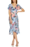 ADRIANNA PAPELL FLORAL WRAP FRONT RUFFLE MIDI DRESS,AP1D104503
