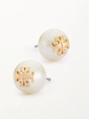 Tory Burch Crystal-pearl Yellow Goldtone Logo Stud Earrings In Ivory