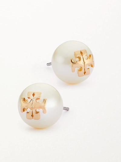 Tory Burch Crystal-pearl Yellow Goldtone Logo Stud Earrings In Ivory