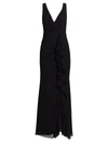 Badgley Mischka Wrap-effect Ruffled Georgette Gown In Black