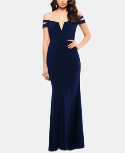 Xscape Petite Off-the-shoulder Ruffled Gown In Navy