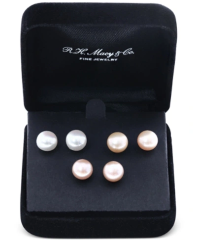 Effy Collection Effy 3-pc. Set Pink, Peach, & White Cultured Freshwater Pearl (9mm) Stud Earrings In Sterling Silver