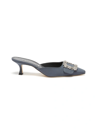 Manolo Blahnik 'maysale 50' Jewel Buckle Crepe De Chine Heeled Mules In Blue