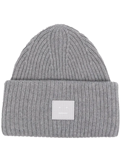 Acne Studios Pansy Face Patch Wool Beanie Hat In Grey