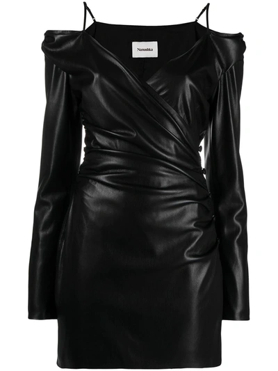 Nanushka Moha Cold-shoulder Vegan Leather Mini Wrap Dress In Black