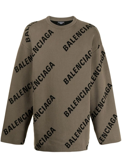 Balenciaga Logo-intarsia Oversized Jumper In Brown