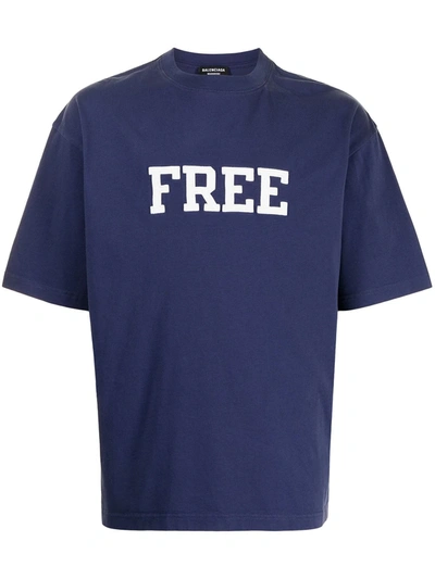 Balenciaga T-shirt With Embroidered Lettering Free In Navy Blue
