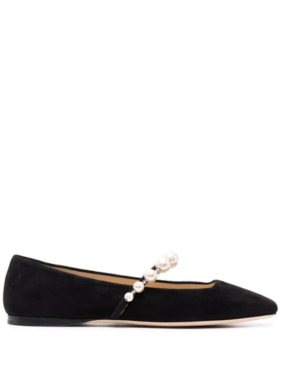 Jimmy Choo Ade Suede Pearly-stud Mary Jane Ballerina Flats In Black/white