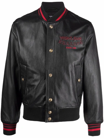 Versace Jeans Couture Lambskin Embroidered-logo Varsity Jacket In Schwarz
