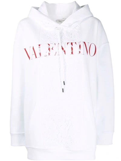 Valentino Logo印花蕾丝拼接连帽衫 In White