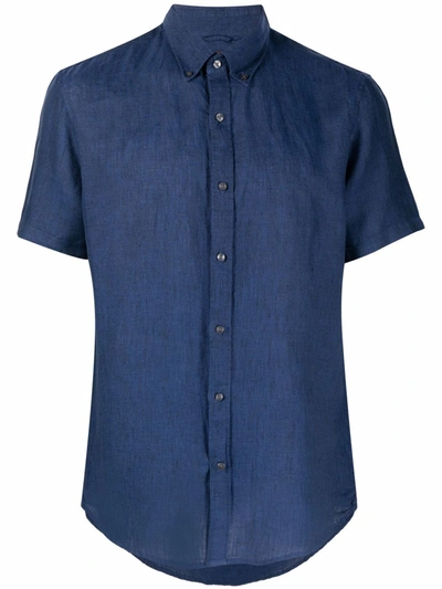 Michael Kors Button-down Short-sleeve Linen Shirt In Blue