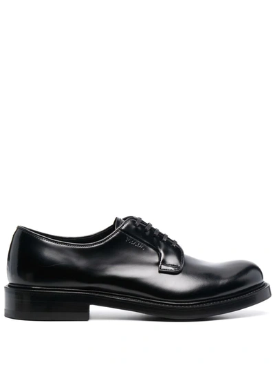 Prada Triangle Logo Shiny Leather Derby Shoes In Multi