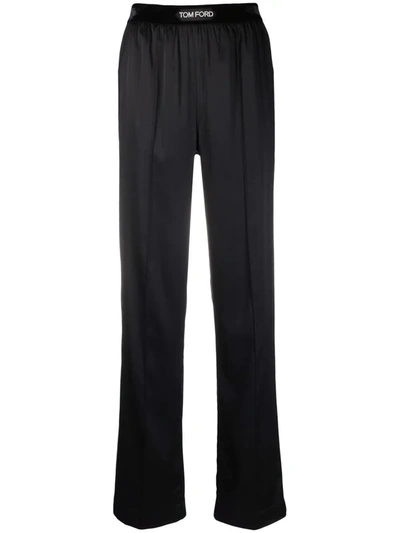 Tom Ford Logo-waist Velvet Straight-leg Trousers In Black