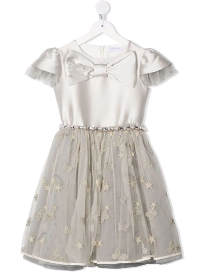 Monnalisa Kids' Tulle Trim Bow-front Party Dress In Grey