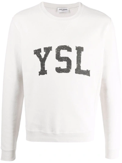 Saint Laurent Logo Print Crew Neck Sweatshirt In White