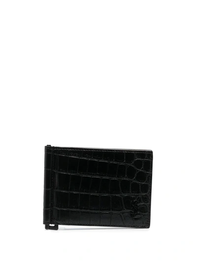 Saint Laurent Croc-effect Leather Cardholder In Black