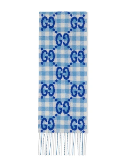 Gucci Kids' Interlocking G Check Wool Scarf In Blue & White