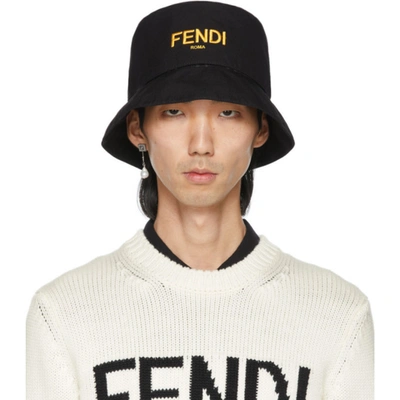 Fendi Logo-embroidered Cotton-twill Bucket Hat In Black