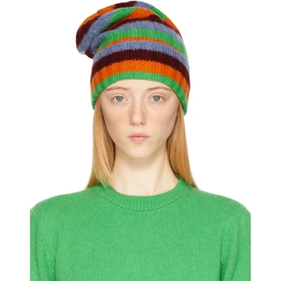 The Elder Statesman Bunny Echo Striped Ribbed-cashmere Beanie Hat In Green Multi