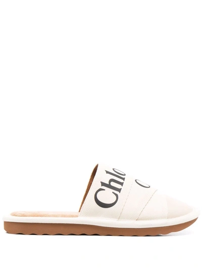 Chloé Woody Logo-print Canvas And Leather Slippers In White