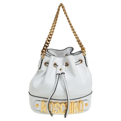 Pre-owned Moschino White Leather Logo Drawstring Bucket Bag