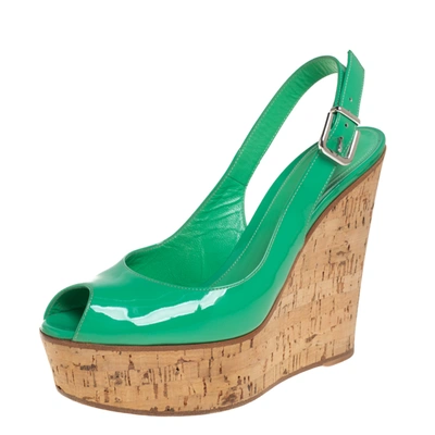 Pre-owned Gianvito Rossi Green Patent Leather Cork Wedge Platform Slingback Sandals Size 37