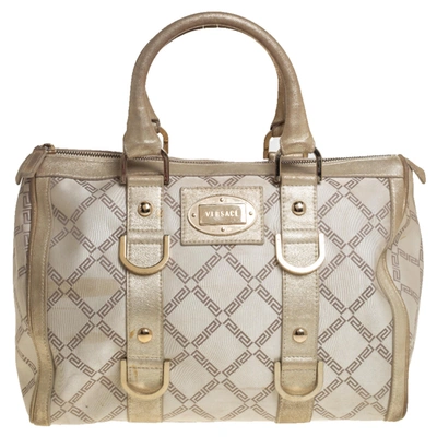 Pre-owned Versace Metallic Gold/cream Signature Canvas And Leather Snap Out Of It Satchel