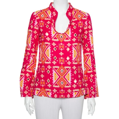 Pre-owned Tory Burch Pink Batik Printed Cotton Embellished Oversized Top S