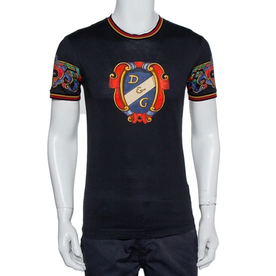 Pre-owned Dolce & Gabbana Black Heraldic Printed Cotton Crewneck T-shirt Xs