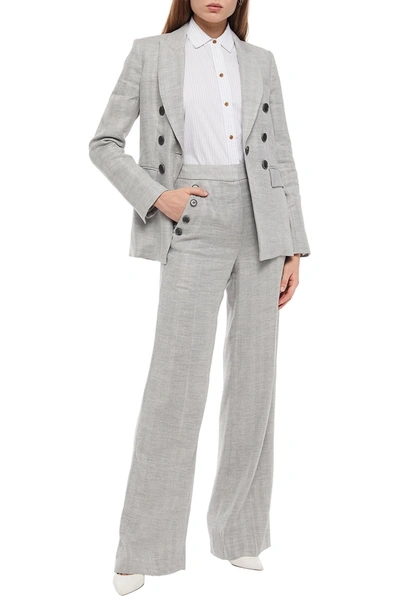 Veronica Beard Tuli Button-embellished Herringbone Linen-blend Flared Trousers In Grey
