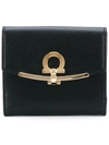 Ferragamo Hammered Leather Gold Gancini Compact Wallet In Black