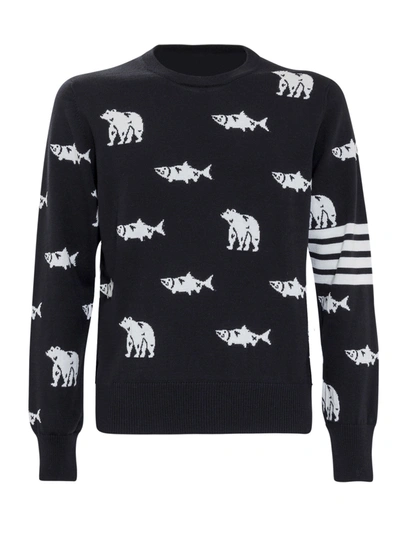 Thom Browne Bear & Salmon Merino Wool Knit Sweater In Blue